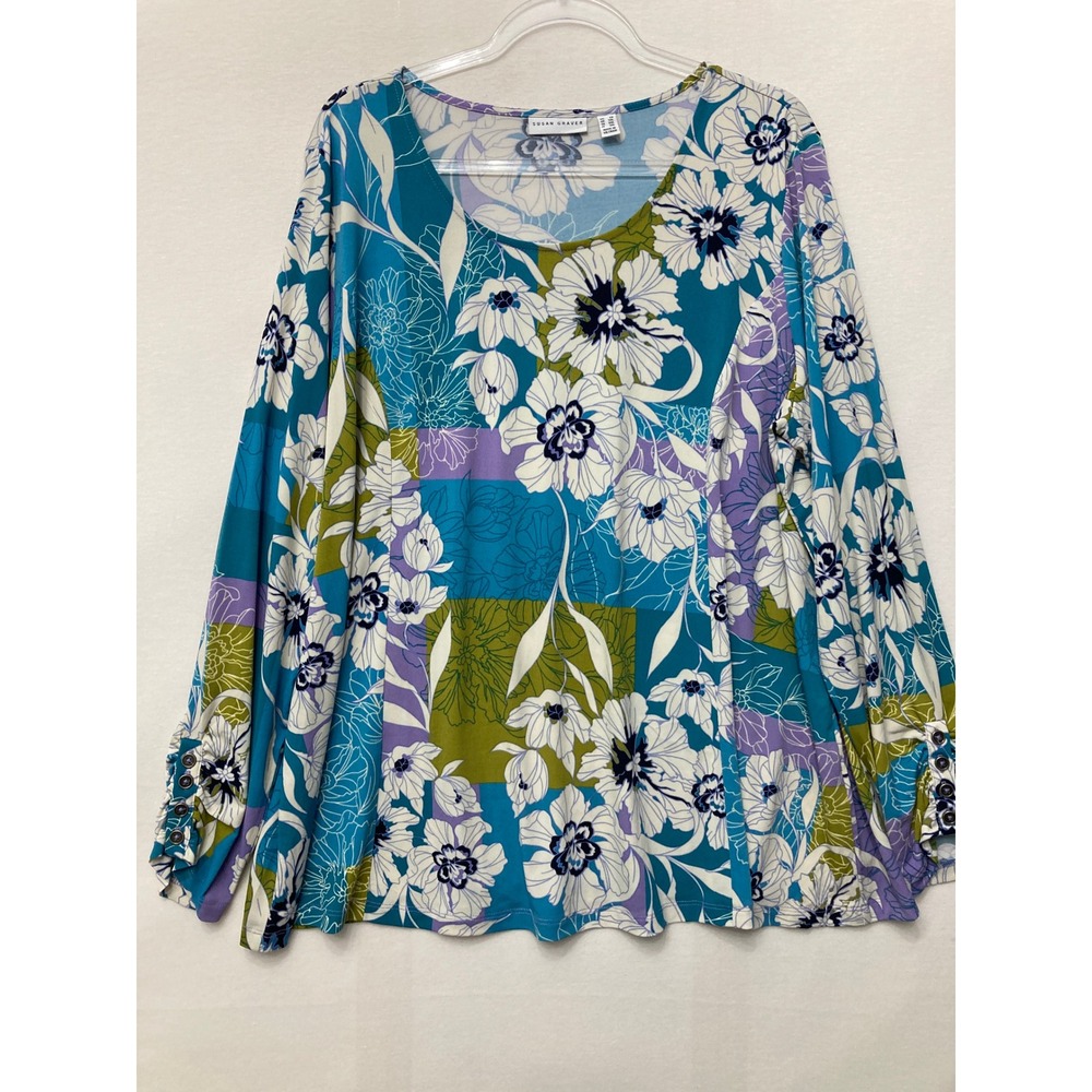 Susan Graver Tunic Size 2X Blue Multi Floral Liquid Knit Button Cuff Stretch
